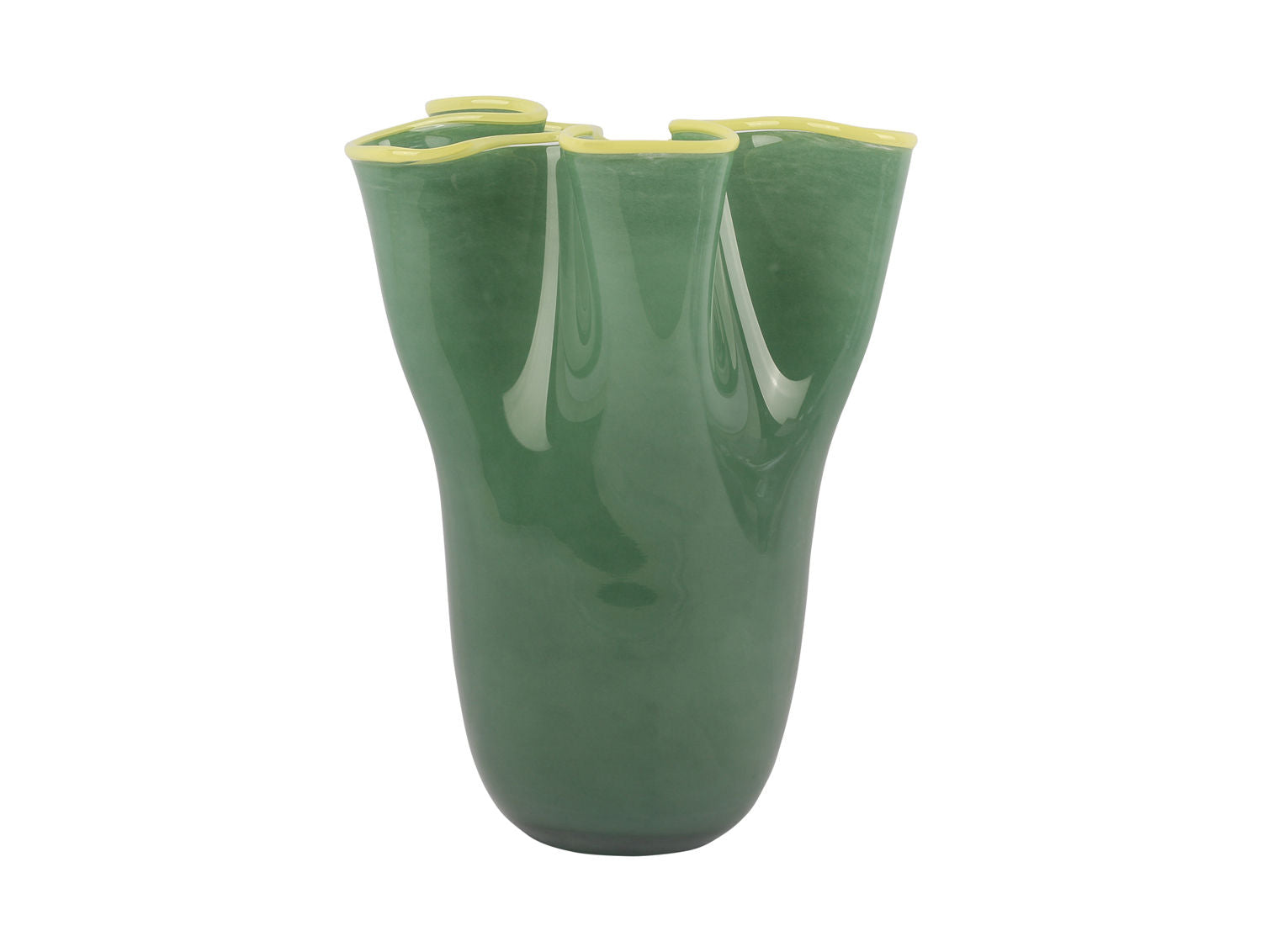 present time Vase Ruffles glass large jungle green w. soft yellow rim