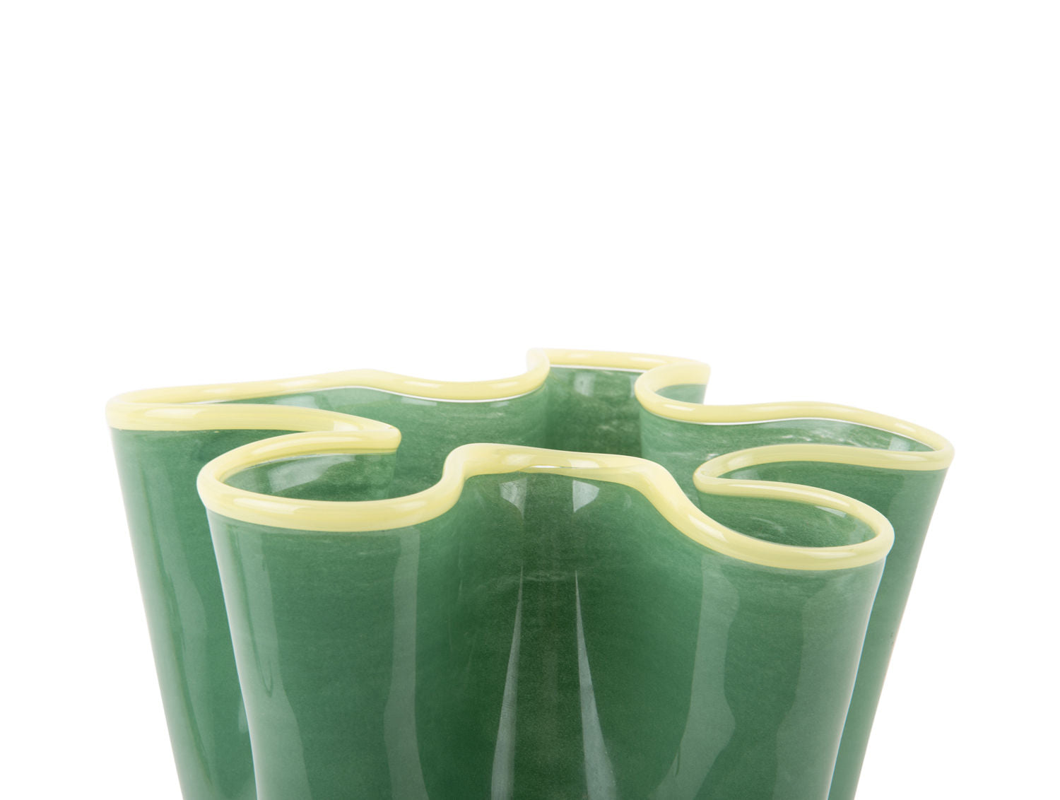 present time Vase Ruffles glass large jungle green w. soft yellow rim